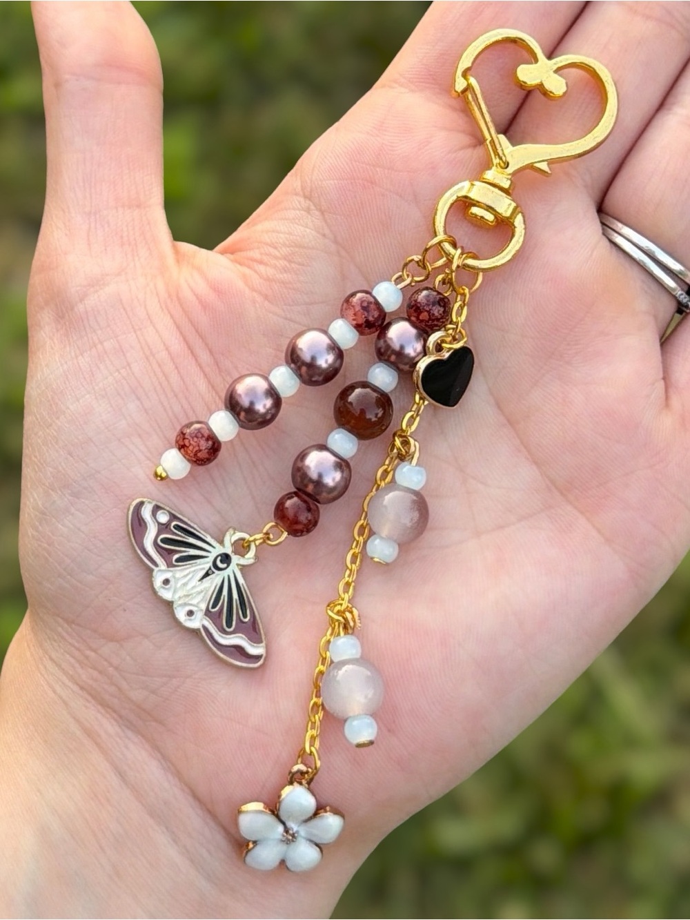 Handmade brown & blue Celestial Moth Keychain | White Flower & Heart